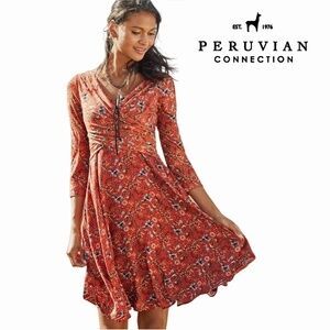 Peruvian Collection Artesinia Dress Handpainted Flowers Twirl Skirt w/ Pockets